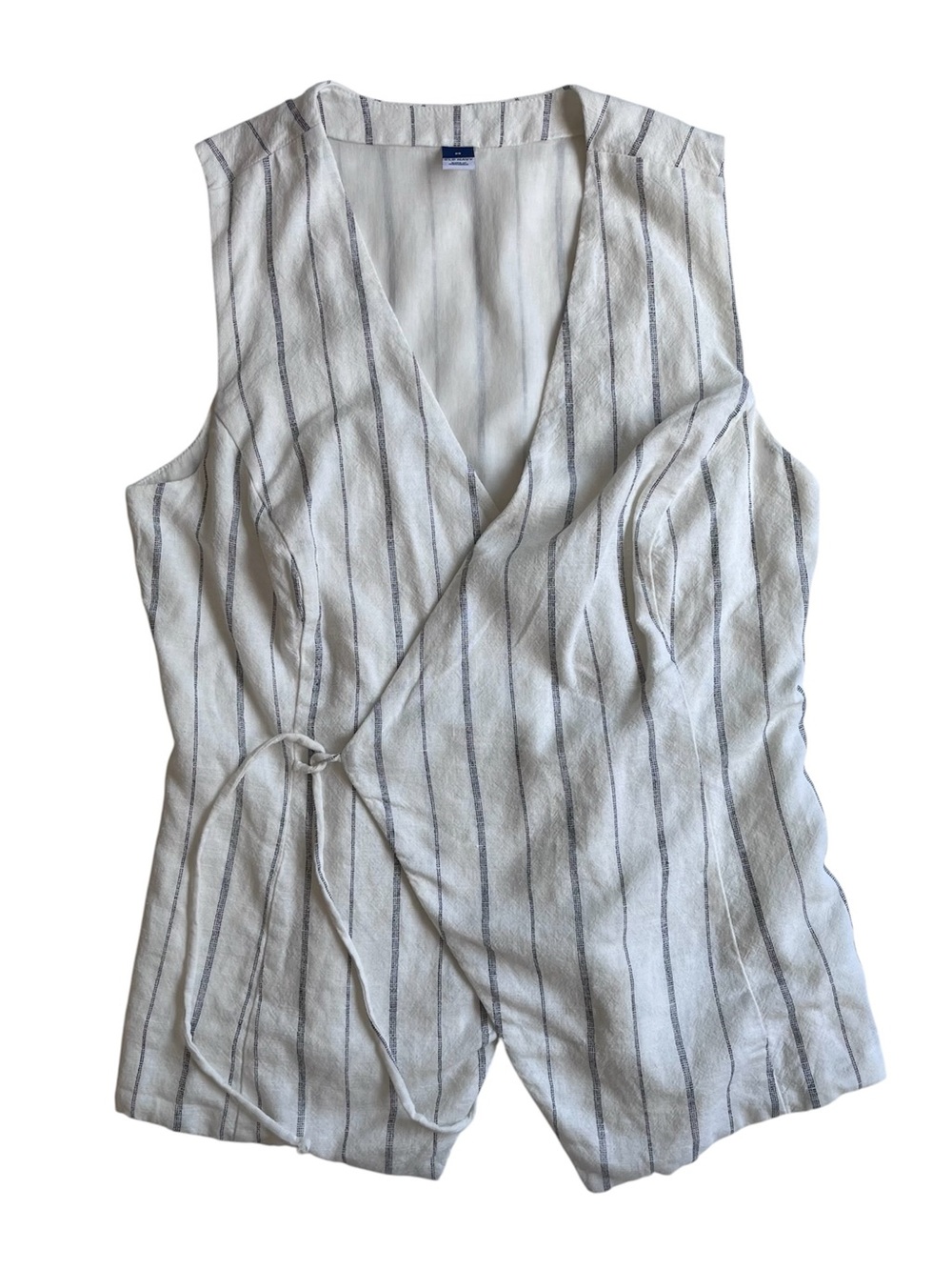 Striped Sleeveless Wrap Linen Top - Off-White with Black Stripes